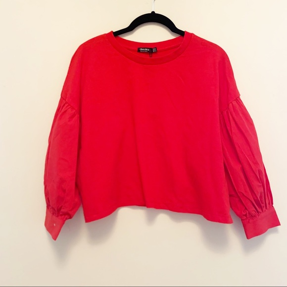 New Bershka Red Cropped Drop Sleeve Sweatshirt Med - Picture 1 of 5